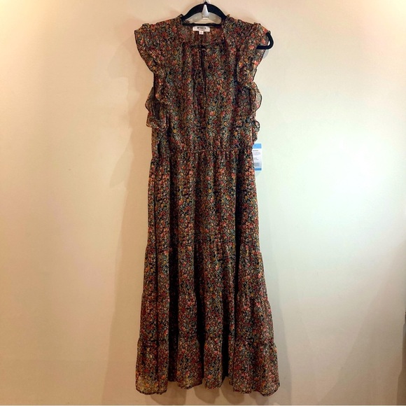 BB Dakota by Steve Madden Sz  L Ditsy Tiered Ruffled Neck Sleeve Midi Dress NEW - Picture 3 of 16